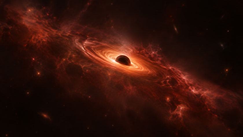 Abell 2744-QSO1을 모티프로 작은 초기 은하 중심의 거대 블랙홀과 회전하는 수소 가스 원반을 표현한 과학 시각화 이미지