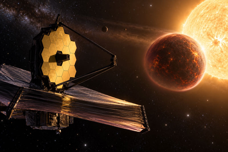 제임스 웹 우주망원경으로 55 Cancri e의 뜨거운 대기와 적외선을 관측하는 장면의 과학 시각화 이미지