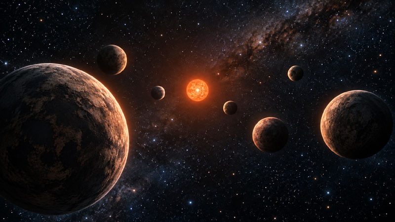 작고 어두운 적색왜성 TRAPPIST-1 주변을 공전하는 행성을 멀리서 바라본 과학적 시각화